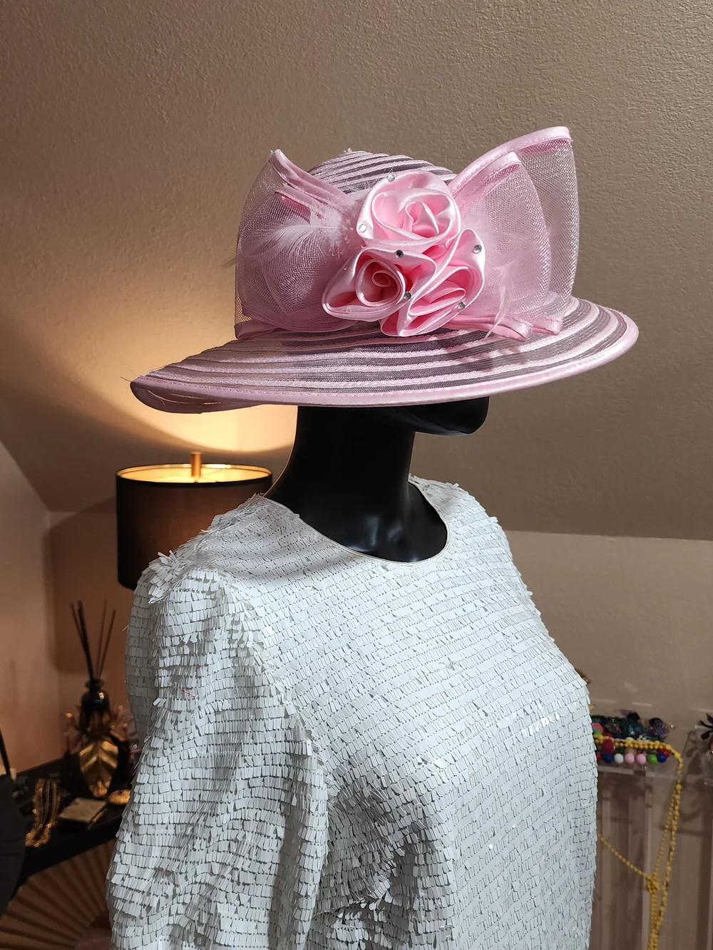 Vintage 80's Pink Wide-Brim Hat with Satin Rose and Sheer Bow